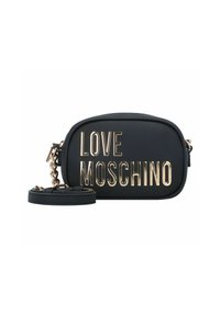 Borsa a tracolla ovale nera con logo in rilievo dorato "LOVE MOSCHINO", dotata di tracolla a catena e texture in finta pelle liscia.