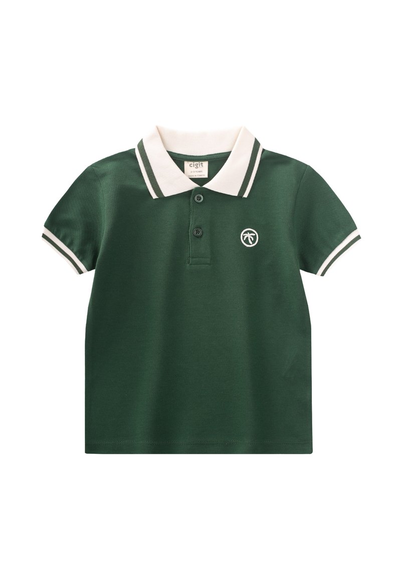 Zelená polo tričko s bielym golierom a pruhmi, so malým logom palmy. Vyrobené z hladkej tkaniny s klasickým strihom.
