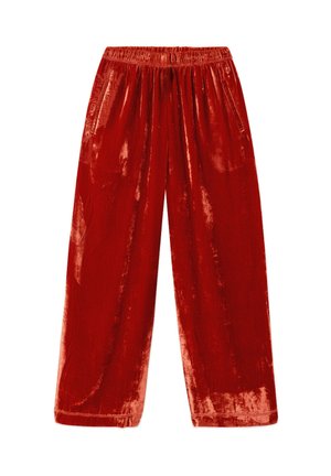 Rode fluwelen wijde broek met een elastische tailleband, voorzien van een gladde textuur en een vloeiende uitstraling, geschikt voor casual wear.