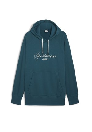 Teal krāsu kapuce, kas izgatavota no kokvilnas maisījuma, ar priekšējo kabatu, baltām šņorēm un "Sportswear" tekstu izsaukuma fontā. Iesp�ējo raglana piedurknes.