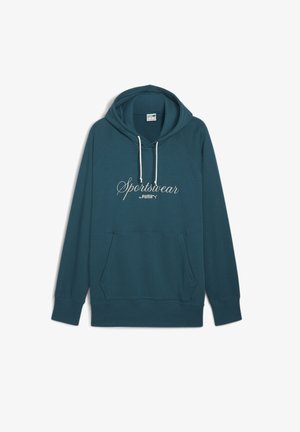 Tummansininen huppari, joka on valmistettu puuvillasekoitteesta ja jossa on etutasku, valkoiset nyörit sekä ”Sportswear” teksti kalligrafisella fontilla. Hupparissa on raglan-hihat.