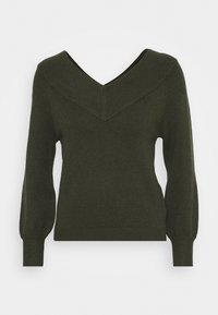 Olive green sweater with a deep V-neck and ribbed texture. Features long sleeves and a fitted body with a slight stretch at the hem.