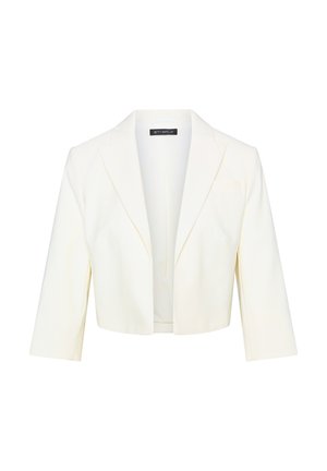 Gekürzter cremefarbener Blazer mit scharfem Kragen, offener Front und Dreiviertelärmeln. Hergestellt aus einem glatten Stoff mit minimalen Nähdetails.