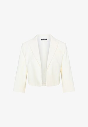 Gekürzter cremefarbener Blazer mit scharfem Kragen, offener Front und Dreiviertelärmeln. Hergestellt aus einem glatten Stoff mit minimalen Nähdetails.