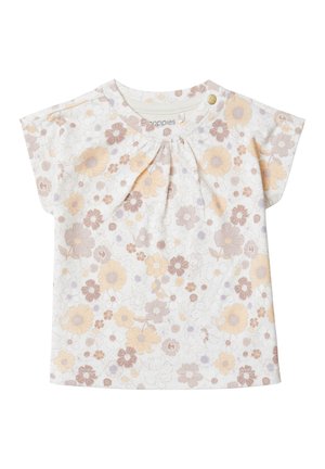 Bloemige top met korte mouwen in zacht witte katoen met een geplooide halslijn. Heeft pastelbloemen in gele, paarse en beige tinten.