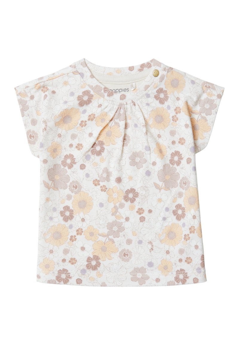 Bluse mit kurzen Ärmeln aus weichem weißen Baumwollstoff und plissiertem Ausschnitt. Besetzt mit pastellfarbenen Blumen in Gelb-, Lila- und Beigetönen.