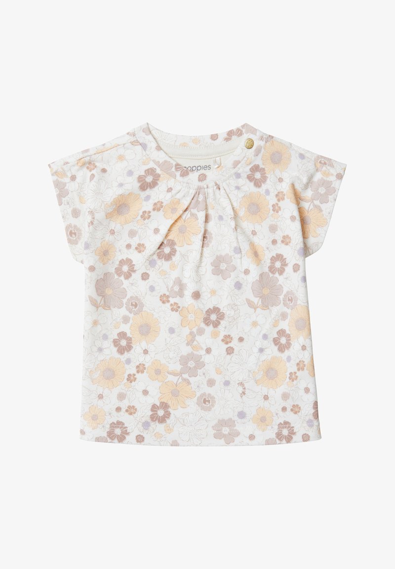 Bluse mit kurzen Ärmeln aus weichem weißen Baumwollstoff und plissiertem Ausschnitt. Besetzt mit pastellfarbenen Blumen in Gelb-, Lila- und Beigetönen.