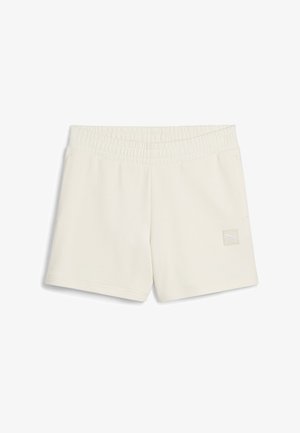 Tejfehér sportshort, rugalmas derékpánttal, elülső oldalon egy kis fehér logóval és sima szövettextúrával.