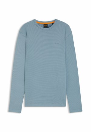 Light blue long-sleeve t-shirt with a textured surface, round neck, orange accents inside the collar, and subtle BOSS logo on the front.