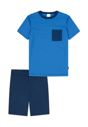 Blåstribet kortærmet T-shirt med lomme, parret med ensfarvede navy shorts. Fremstillet af blødt bomuldsstof, letvægts og komfortabel.