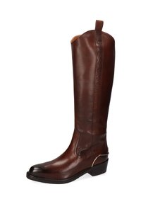 Stivale marrone in pelle fino al ginocchio con design elegante, punta affusolata, motivo laterale in rilievo e un piccolo accento dorato sul tallone.