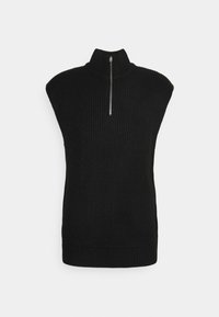 Col roulé sans manches noir à côtes avec une fermeture éclair à moitié sur le devant, présentant un design en tricot texturé et un ajustement serré autour du cou et de la taille.