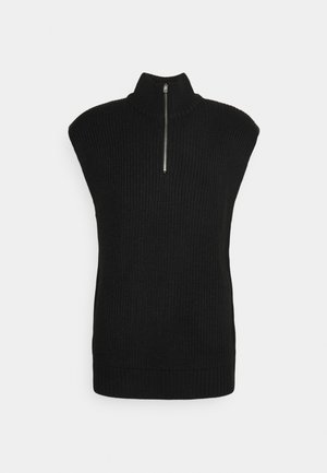 Zwarte geribbelde mouwloze coltrui met een halve rits aan de voorkant, met een gestructureerd breisel en een strakke pasvorm rond de hals en taille.