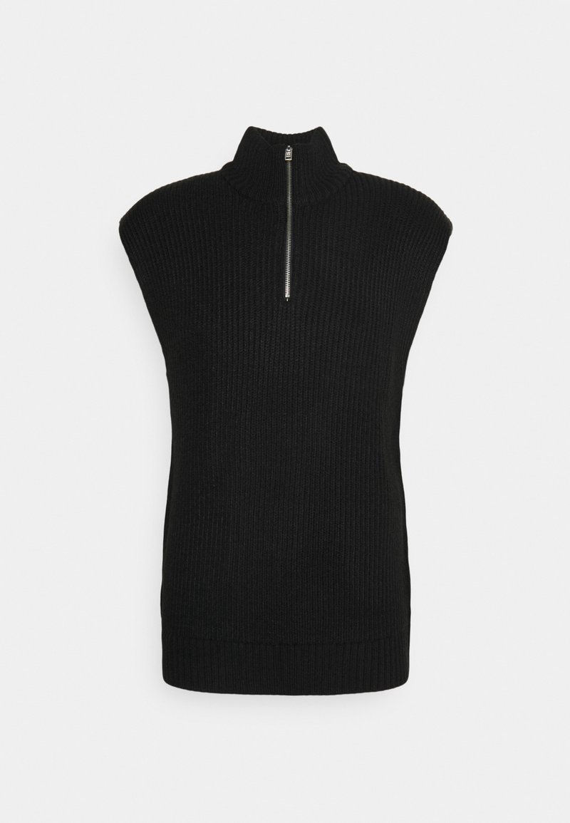Schwarzer, gerippter, ärmelloser Rollkragen mit einem halben Reißverschluss an der Front, der ein strukturiertes Strickdesign und eine enganliegende Passform um den Hals und die Taille bietet.
