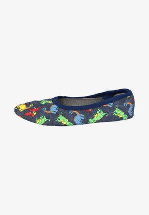 Ballerinas aus navyfarbenem Stoff mit bunten Dinosauriermustern. Runde Zehenpartie, elastischer Rand und flexible Sohle für zusätzlichen Komfort.