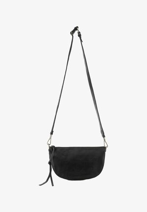 Black leather crossbody bag with a curved shape, adjustable strap, zip closure, and a small tassel detail on the side.