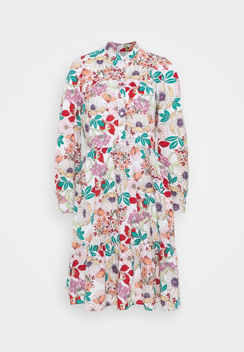 Robe à manches longues longueur genou avec imprimé floral multicolore, boutonnée devant, et jupe à volants sur fond blanc.