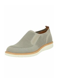 Nazouvací bota vyrobená z lehkého šedého síťového materiálu, se strečovými bočními panely, polstrovanou bílou podešví a hnědým koženým akcentem na patě.