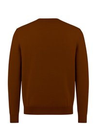 Maglione marrone lavorato a maglia con scollo rotondo, polsini e orlo a coste, realizzato in tessuto morbido. Design pulito, senza motivi o ornamenti.