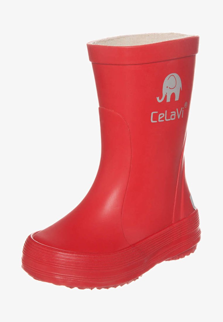 Botte de pluie en caoutchouc rouge avec un bout arrondi, une semelle texturée et une doublure intérieure blanche. Présente un petit logo d'éléphant en blanc.