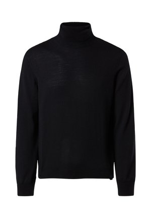 Maglione a collo alto di colore nero, realizzato in un tessuto a maglia leggero, caratterizzato da maniche lunghe, una vestibilità aderente e polsini e colletto a costine.