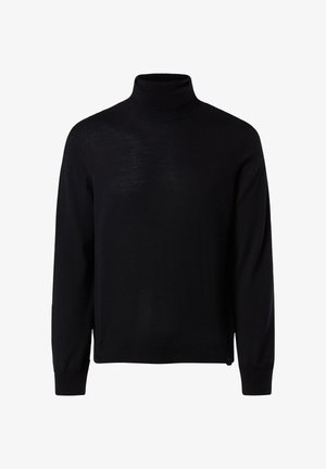 Schwarzer Rollkragenpullover aus leichtem Strickstoff, mit langen Ärmeln, einer taillierten Passform sowie gerippten Bündchen und Kragen.