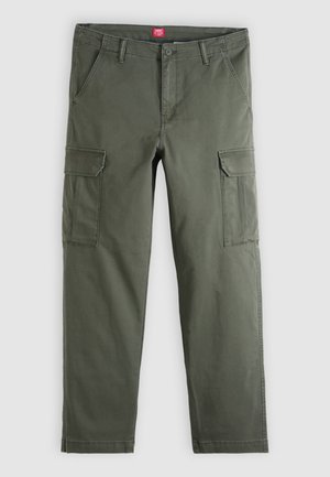 Olive green cargo pants made from cotton, featuring two side pockets and two thigh patch pockets, with a front zipper and button closure.