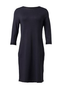 Navy blue, dzianinowa sukienka z rękawami o długości trzech czwarteks, okrągłym dekoltem i bocznymi kieszeniami. Gładka tekstura, prosta sylwetka i subtelny design.