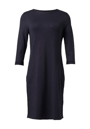 Navy blue, dzianinowa sukienka z rękawami o długości trzech czwarteks, okrągłym dekoltem i bocznymi kieszeniami. Gładka tekstura, prosta sylwetka i subtelny design.