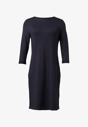 Navy blue, dzianinowa sukienka z rękawami o długości trzech czwarteks, okrągłym dekoltem i bocznymi kieszeniami. Gładka tekstura, prosta sylwetka i subtelny design.