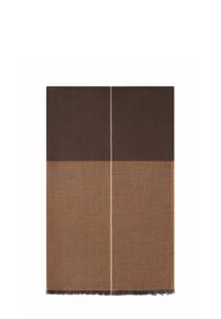 Sciarpa bicolore marrone con una texture liscia, caratterizzata da una sezione superiore più scura e una inferiore più chiara, rifinita con un delicato bordo sfrangiato.