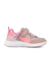 Sneaker con design rosa e beige chiaro, caratterizzato da una tomaia in rete, collo imbottito, cinturino regolabile e suola bianca con accenti rosa.