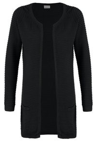 Schwarzer Cardigan mit geripptem Textur, offenem Vorderteil, langen Ärmeln und zwei vorderen Taschen. Hergestellt aus weichem Stoff, hat einen lockeren Schnitt.