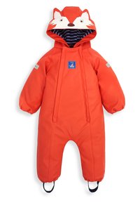 Combinaison de neige rouge pour enfants avec une capuche sur le thème du renard, dotée d'oreilles surdimensionnées. Le matériau est lisse, comprend une doublure à rayures et des poignets élastiques.