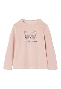 Pink long-sleeve top in soft fabric featuring a raccoon graphic and text "MY LITTLE RACCOON" below the design.