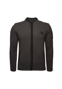 Mörkgrå zip-up tröja med en texturerad stickad mönster, ståkrage och sidofickor. Har en liten logotyp på övre vänstra bröstet.