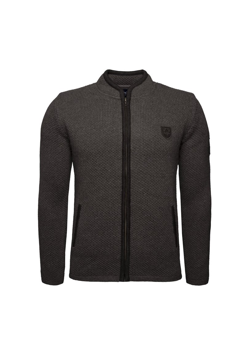 Mörkgrå zip-up tröja med en texturerad stickad mönster, ståkrage och sidofickor. Har en liten logotyp på övre vänstra bröstet.