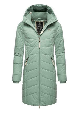 Long, hooded puffer jacket in light mint green, featuring horizontal quilted design, zip closure, and side pockets with zipper details.