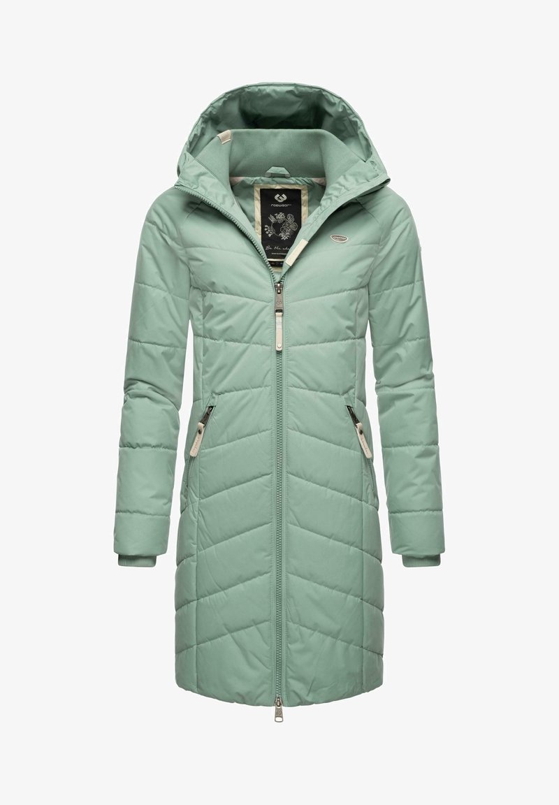 Duga, kapuljača puffer jakna u svijetlosivozelenoj boji, s horizontalnim preklopnim dizajnom, zatvaranjem na patentni zatvarač i bočnim džepovima s detaljima na patentnom zatvaraču.