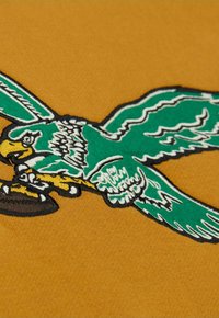 Tessuto giallo con un'aquila ricamata verde con dettagli bianchi e neri. L'aquila tiene un oggetto tra gli artigli.