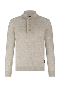 Beiger Strickpullover mit umgeschlagenem Kragen, Drei-Knopf-Leiste, gerippten Bündchen und Saum. Glatte Textur mit einem weichen Aussehen.
