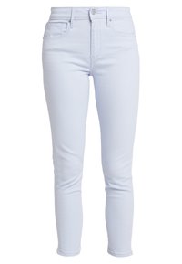 Jeans skinny azzurri chiari in denim; vita alta, design a cinque tasche, con una texture liscia e minimi dettagli in metallo.