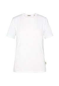 Weißes Baumwoll-T-Shirt mit kurzen Ärmeln, Rundhalsausschnitt und einem kleinen Markenetikett auf der linken Seite. Glatte Textur, klassischer Schnitt.