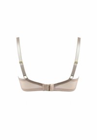 Beżowy stanik z wypełnieniem, z regulowanymi satynowymi ramiączkami i zapięciem na haftkę z tyłu. Gładka tekstura i minimalistyczny design.