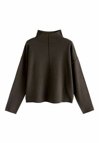 Mørkebrun pullover sweater med høj hals, brede ærmer og en let cropped afslutning. Glat tekstur med en centreret rygsaum.