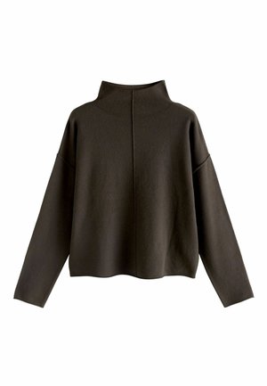 Tumši brūns pulovers ar augstu kaklu, platām piedurknēm un nedaudz sarautu apakšmalu. Gluda tekstūra ar centrētu aizmugurējo šuvi.