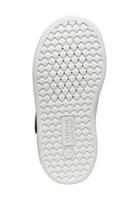 Witte rubberen schoenenzool met een diamant- en cirkelpatroon, voorzien van kleine ventilatiegaten en een Geox-logo. Maat 21 aangeduid.