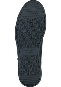 Semelle de chaussure Geox noire avec un motif de semelle hexagonal, texture lisse et lignes surélevées. Comprend un logo en relief et des trous de ventilation.