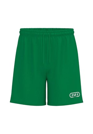 Grønne atletikshorts med elastisk taljebånd og snor, med hvidt JAKO Sport-logo på venstre underben.