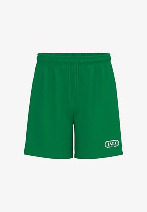 Grüne Sportshorts mit elastischem Bund und Kordelzug, mit weißem JAKO Sport-Logo am unteren linken Bein.